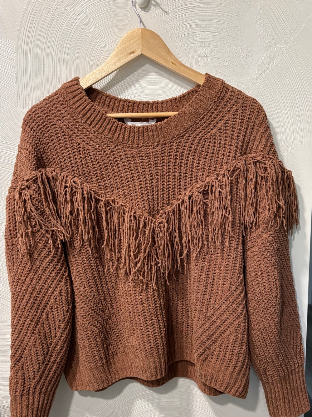 No Boundaries Rust Brown Fringed Crewneck Sweater